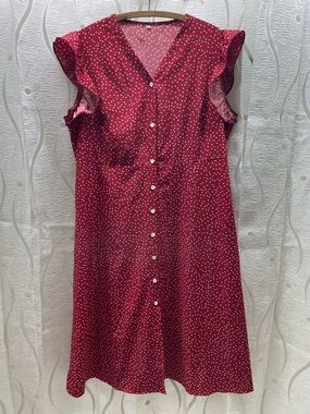 Unbranded Polka Dot Dress Women XXL Red Flutter Sleeve Button Front‎ Midi